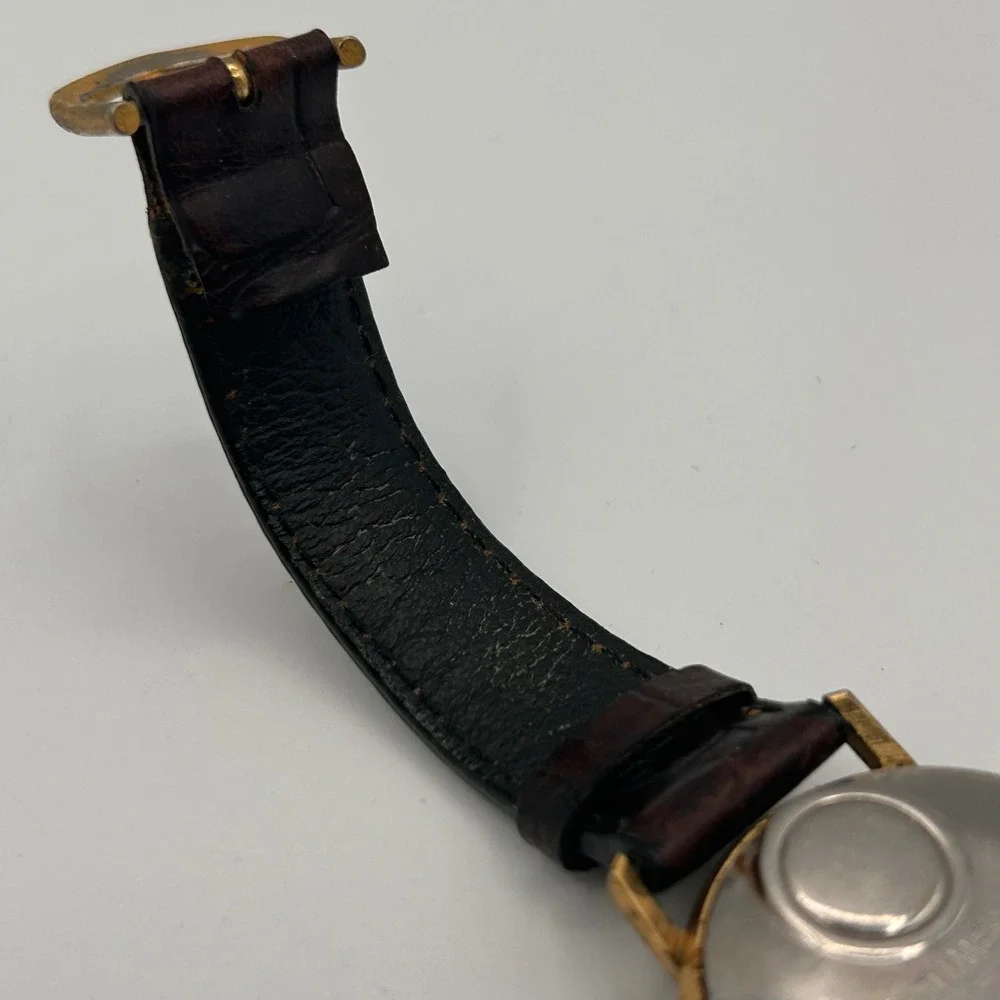 Vtg‎ Timex Electric Mens Watch Gold Tone Champagne Dial Brown Leather FOR REPAIR